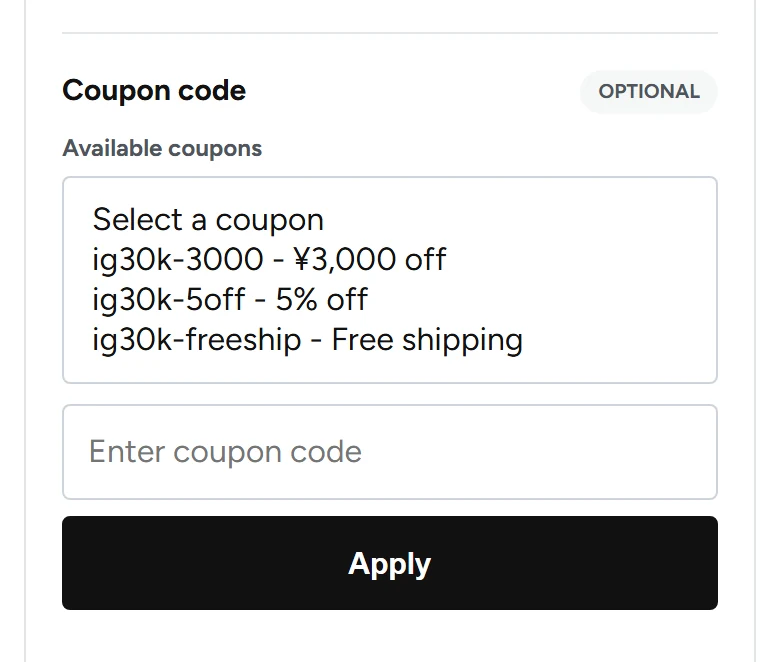 Checkout coupon panel listing the three IG30K rewards