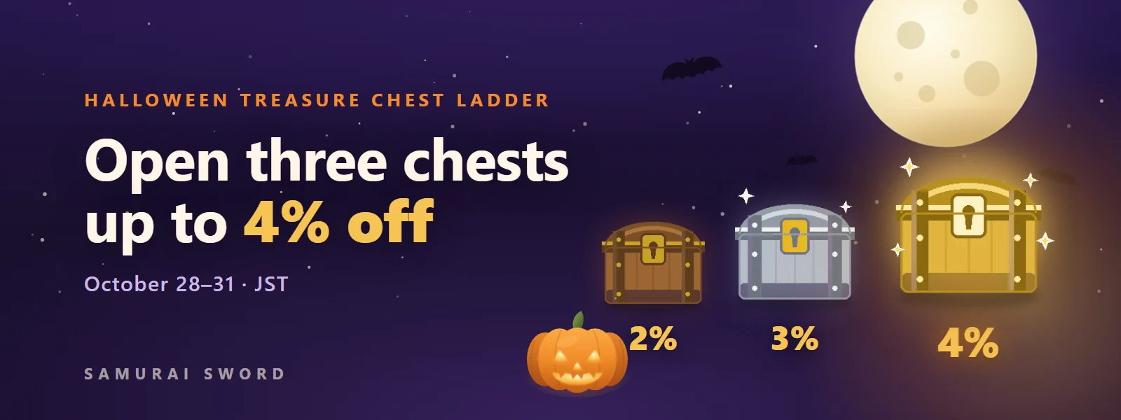 Halloween Treasure Chest Ladder: 2% off from 200,000 yen, 3% off from 300,000 yen, 4% off from 500,000 yen. October 28–31, JST.