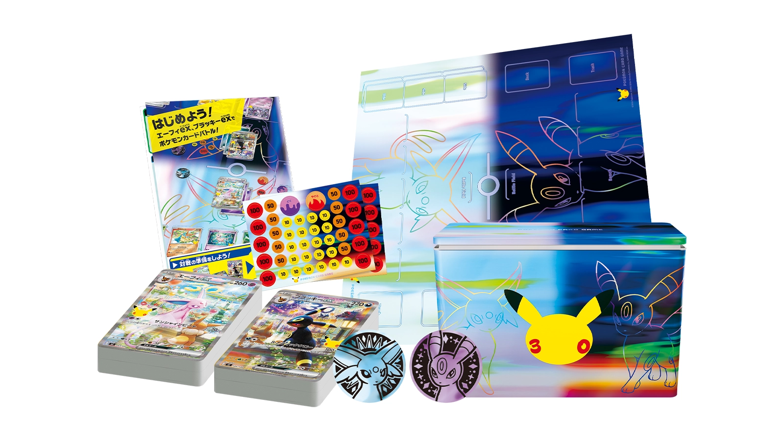 Official full contents image for 30th Celebration Premium Deck Set Espeon and Umbreon