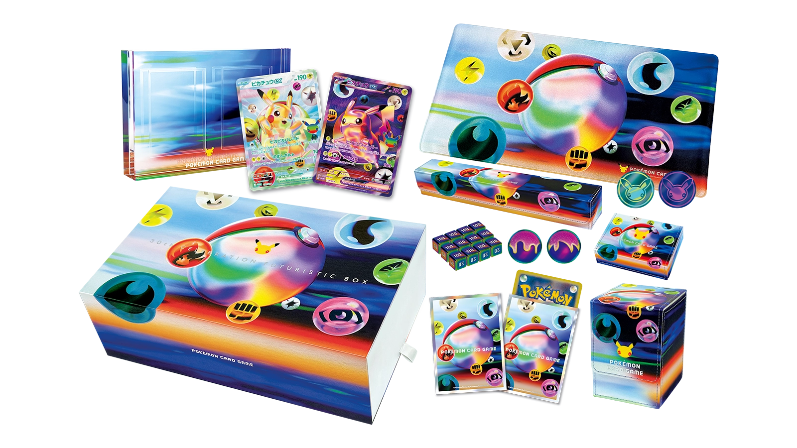 Official 30th Celebration FUTURISTIC BOX contents image with supplies and Pikachu ex promos