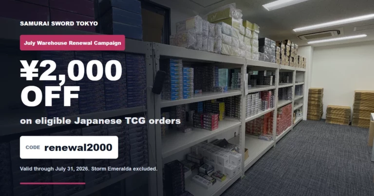 Samurai Sword Tokyo warehouse renewal coupon thumbnail with Japanese TCG inventory shelves