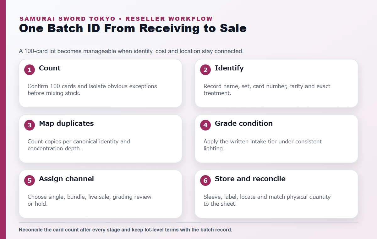 Sorting, cataloging, and listing workflow for a 100-card AR lot
