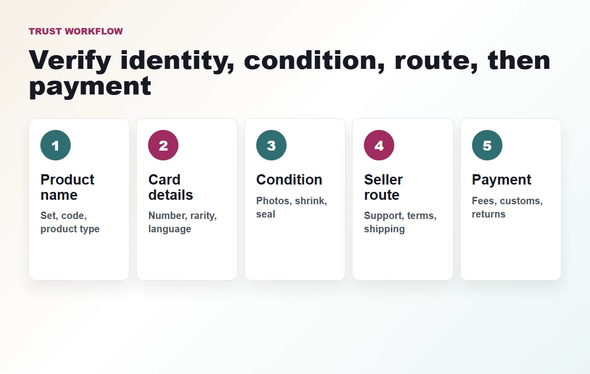 Authenticity and condition verification flow for Japanese Pokemon card buyers