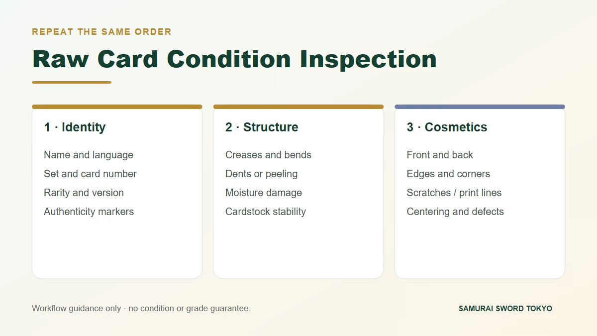 Three-stage raw Pokemon card condition inspection ladder for surface edges corners and back