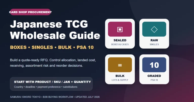 Japanese TCG wholesale guide for card shops covering boxes, singles, bulk lots and PSA 10 cards