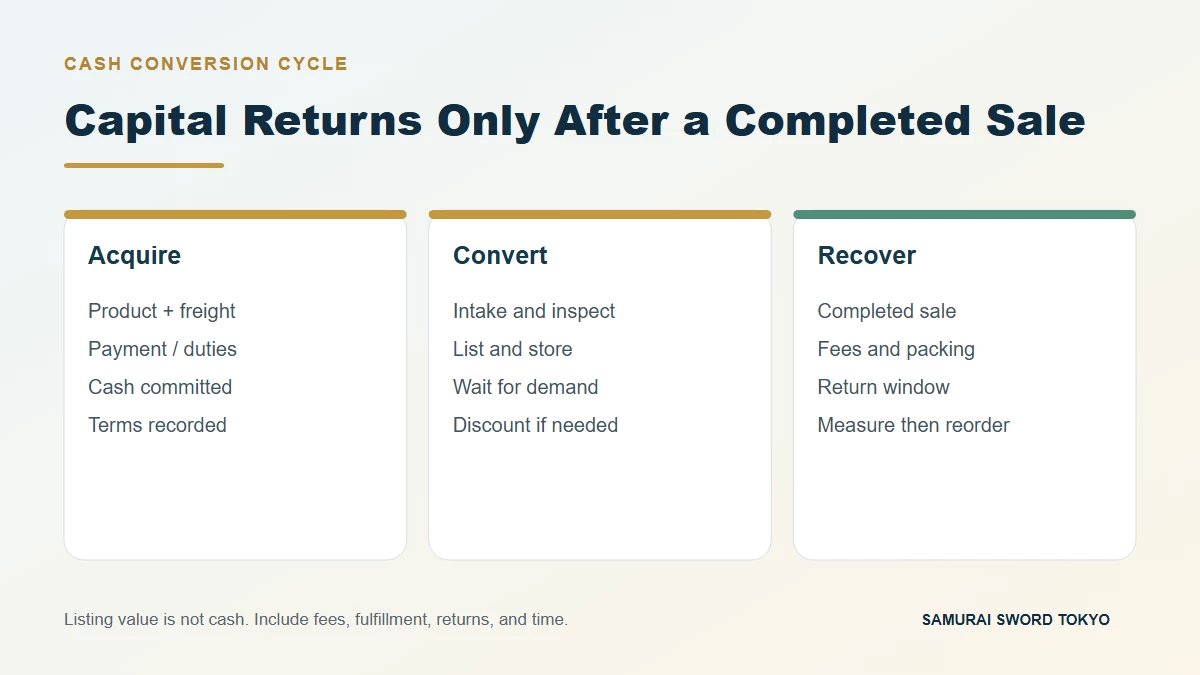 Inventory capital cycle from purchase through intake listing sale and reorder