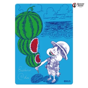 Natsucomi 2026 ONE PIECE Metakira Card featuring Monkey D. Luffy with watermelon artwork and Samurai Sword Tokyo logo