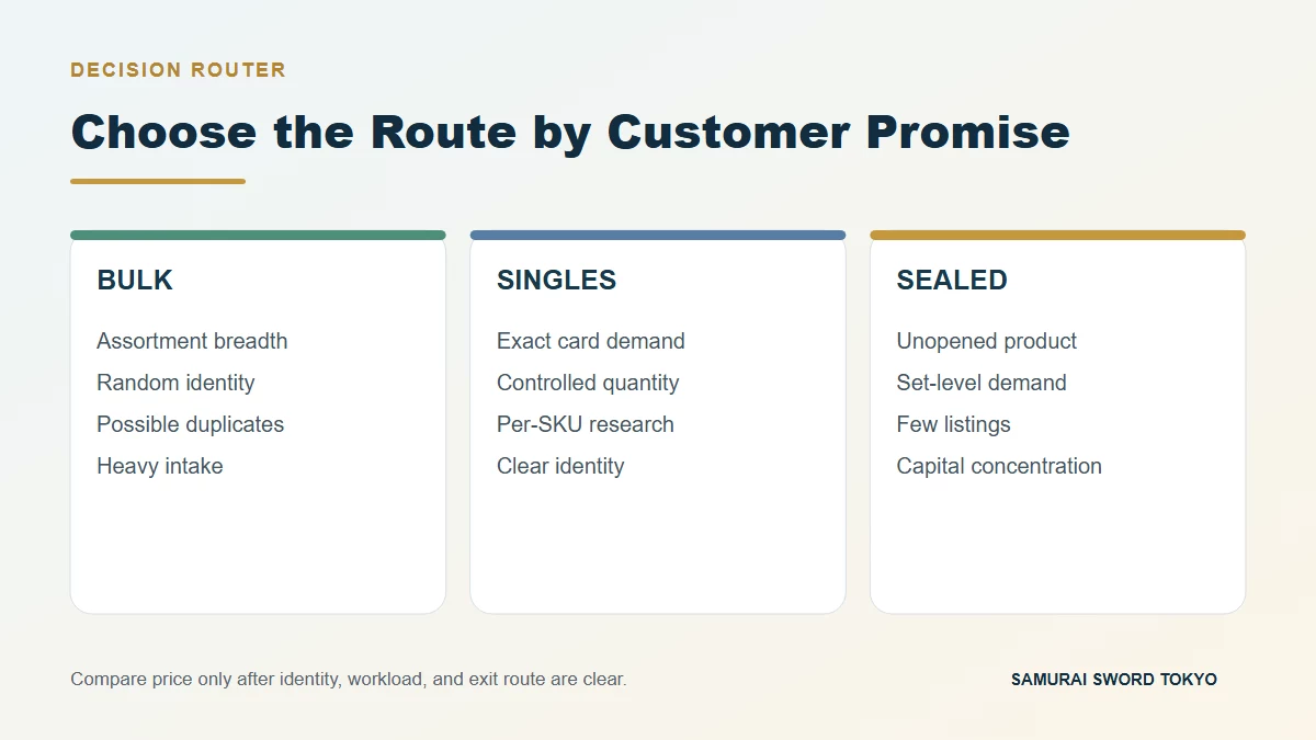 Reseller decision router comparing bulk cards exact singles and sealed booster boxes