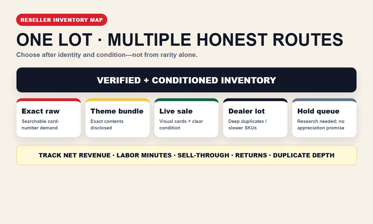 Reseller routing map for raw singles, themed bundles, store lots and hold inventory