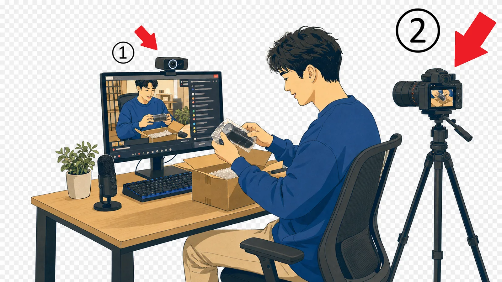 Pengaturan siaran langsung dengan dua kamera: satu webcam untuk siaran dan satu kamera terpisah yang merekam terus-menerus sejak sebelum siaran dimulai