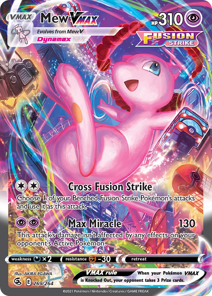 Mew VMAX 269/264 English Fusion Strike alternate art card, comparison to the Japanese Fusion Arts 119/100 print