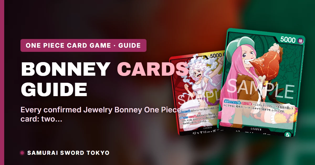 Jewelry Bonney One Piece cards guide featuring the OP07-019 Green Leader and the EB04-001 Red/Yellow Leader