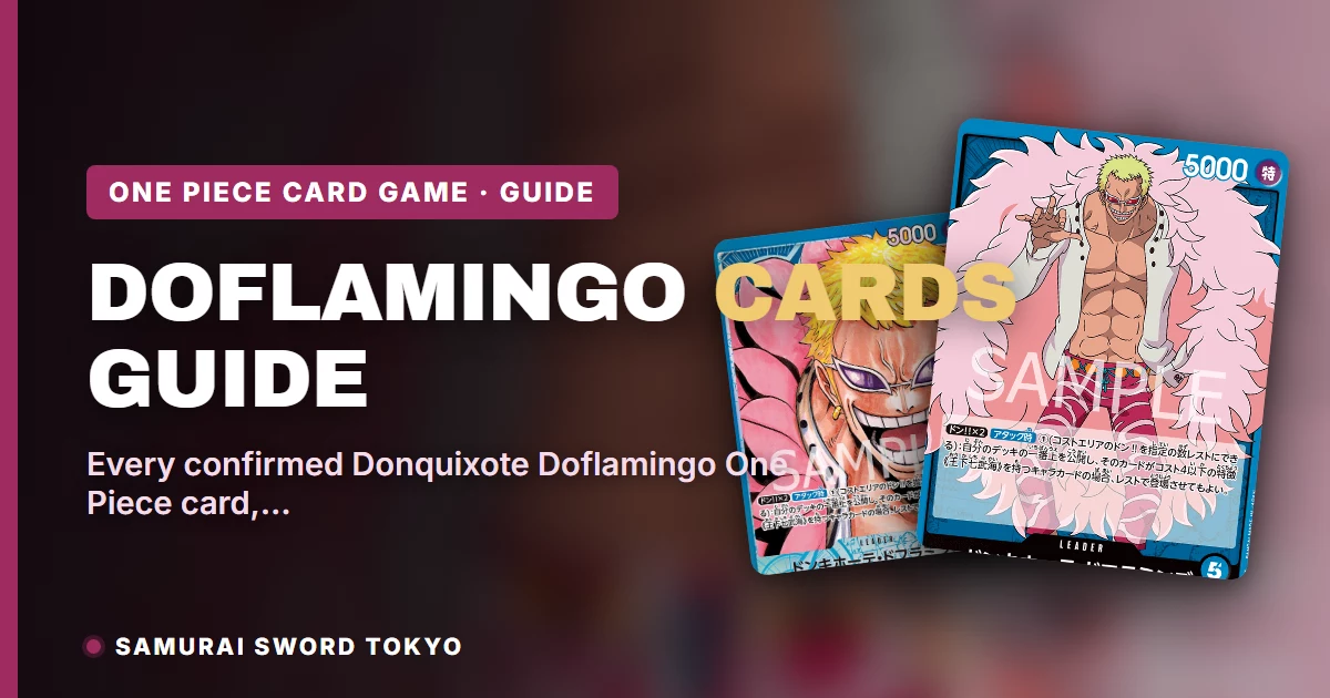 Donquixote Doflamingo One Piece cards guide featuring the OP01-060 Romance Dawn Leader and OP14-060 Azure Sea's Seven Leader cards