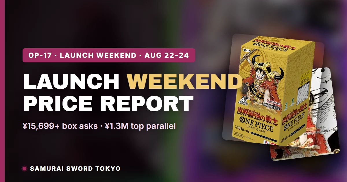 OP-17 The World's Strongest Warriors launch weekend price report with Pirate-Crew Super Parallel Luffy and box art