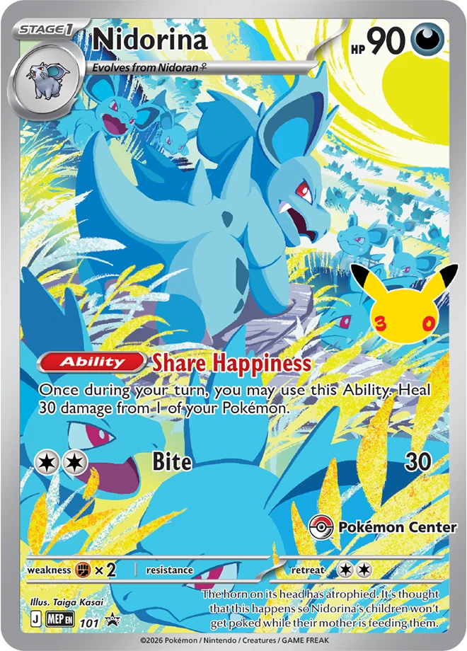 Carta promocional Nidorina full-art foil con el logotipo de Pokemon Center, 30th Celebration Pokemon Center Elite Trainer Box