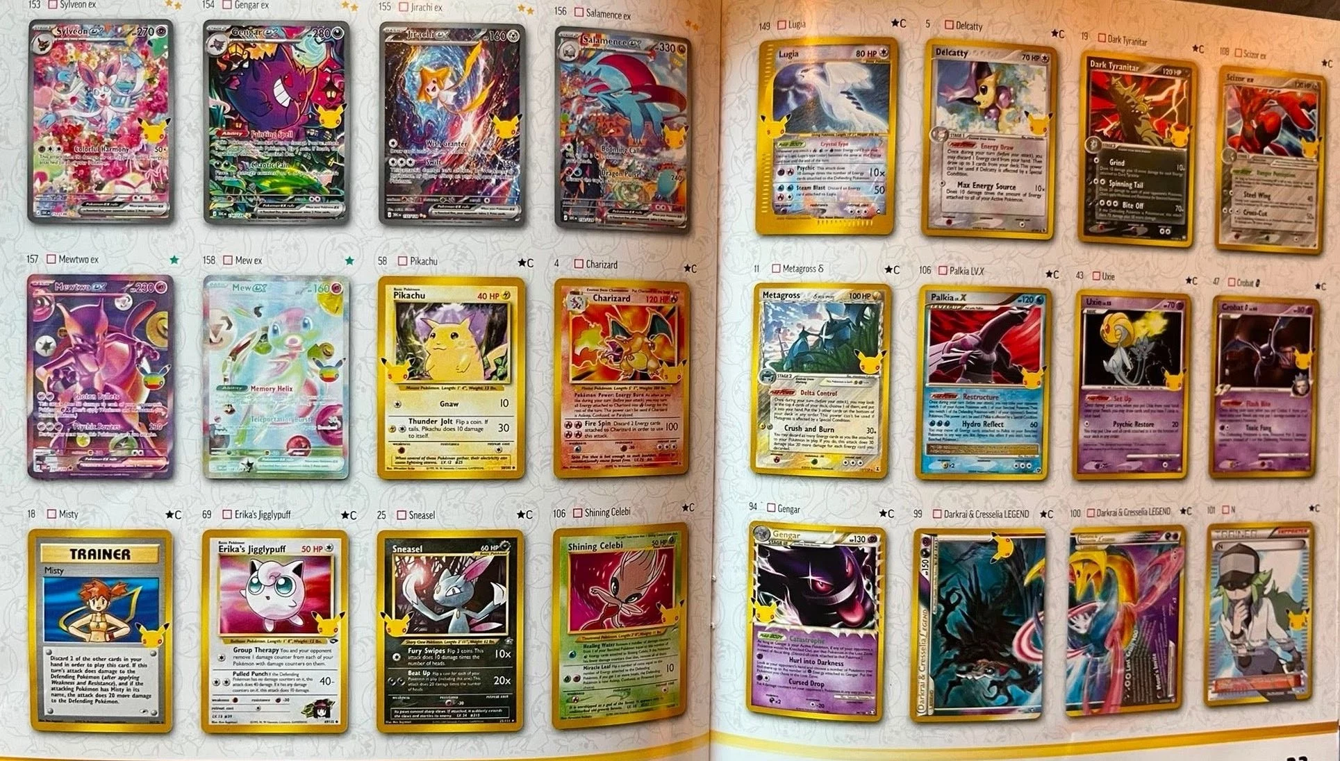 Leaked Binder Collection checklist pages appearing to show 30th Celebration classic reprint cards in gold-framed anniversary treatment