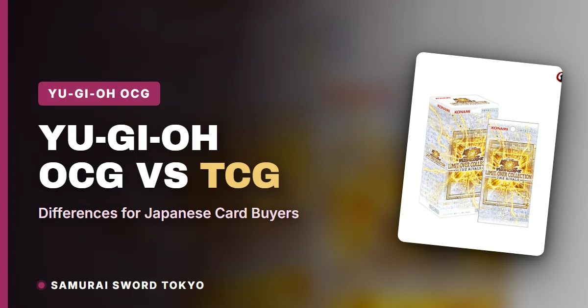 Yu-Gi-Oh OCG-vs-TCG-Vergleich mit einer japanischen OCG-Boosterbox und Kartenrückseiten