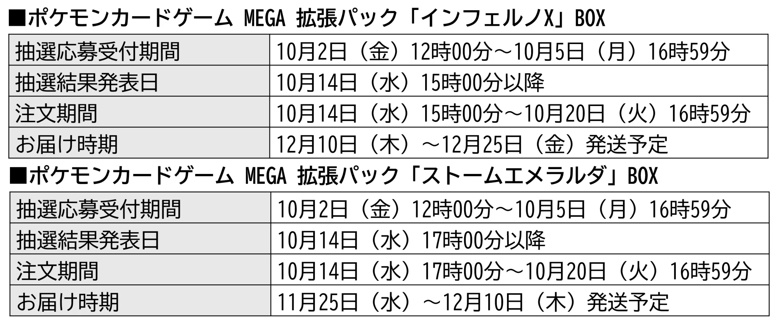 Pokemon Center Online extra lottery schedule for the Inferno X BOX and Storm Emeralda BOX