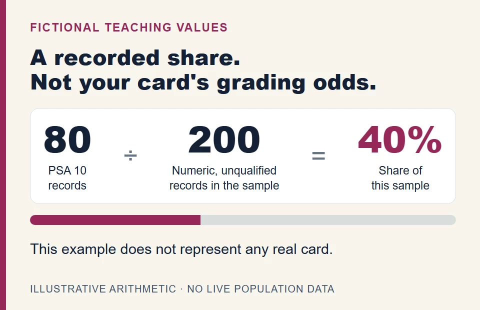 Fictional example only: 80 PSA 10 records divided by 200 selected numeric unqualified records equals 40 percent, not a grading-success probability