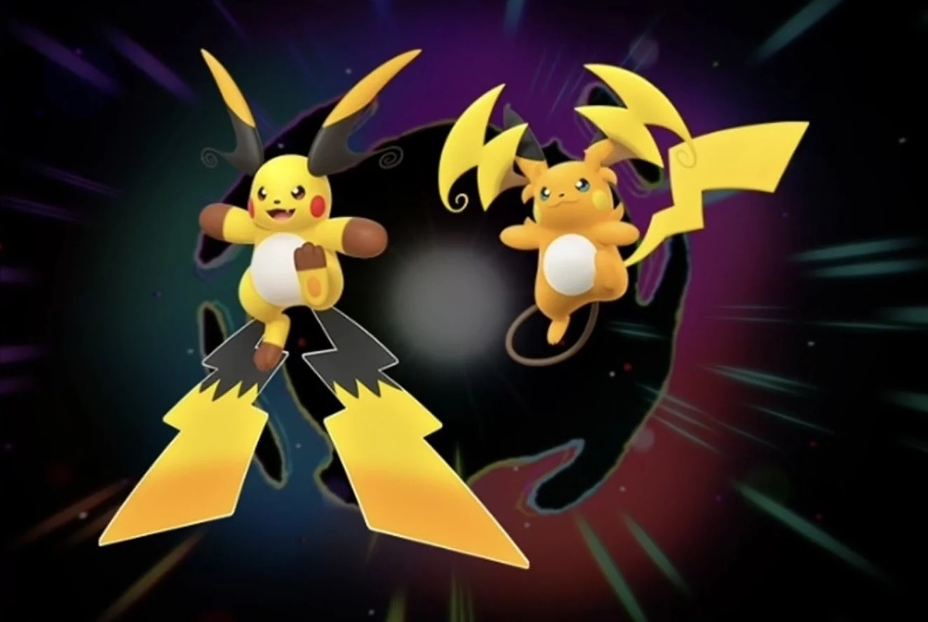 Mega Raichu X and Mega Raichu Y reveal artwork on a dark vortex background as shared on X