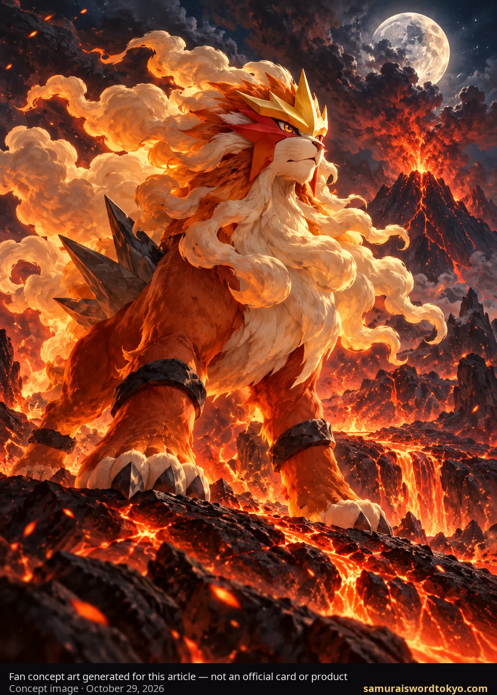 Fan concept art of Entei generated for this article — not an official card or product