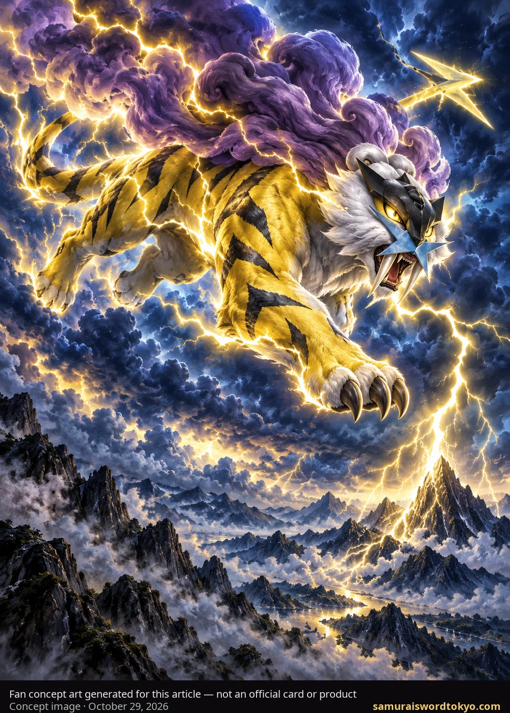 Fan concept art of Raikou generated for this article — not an official card or product