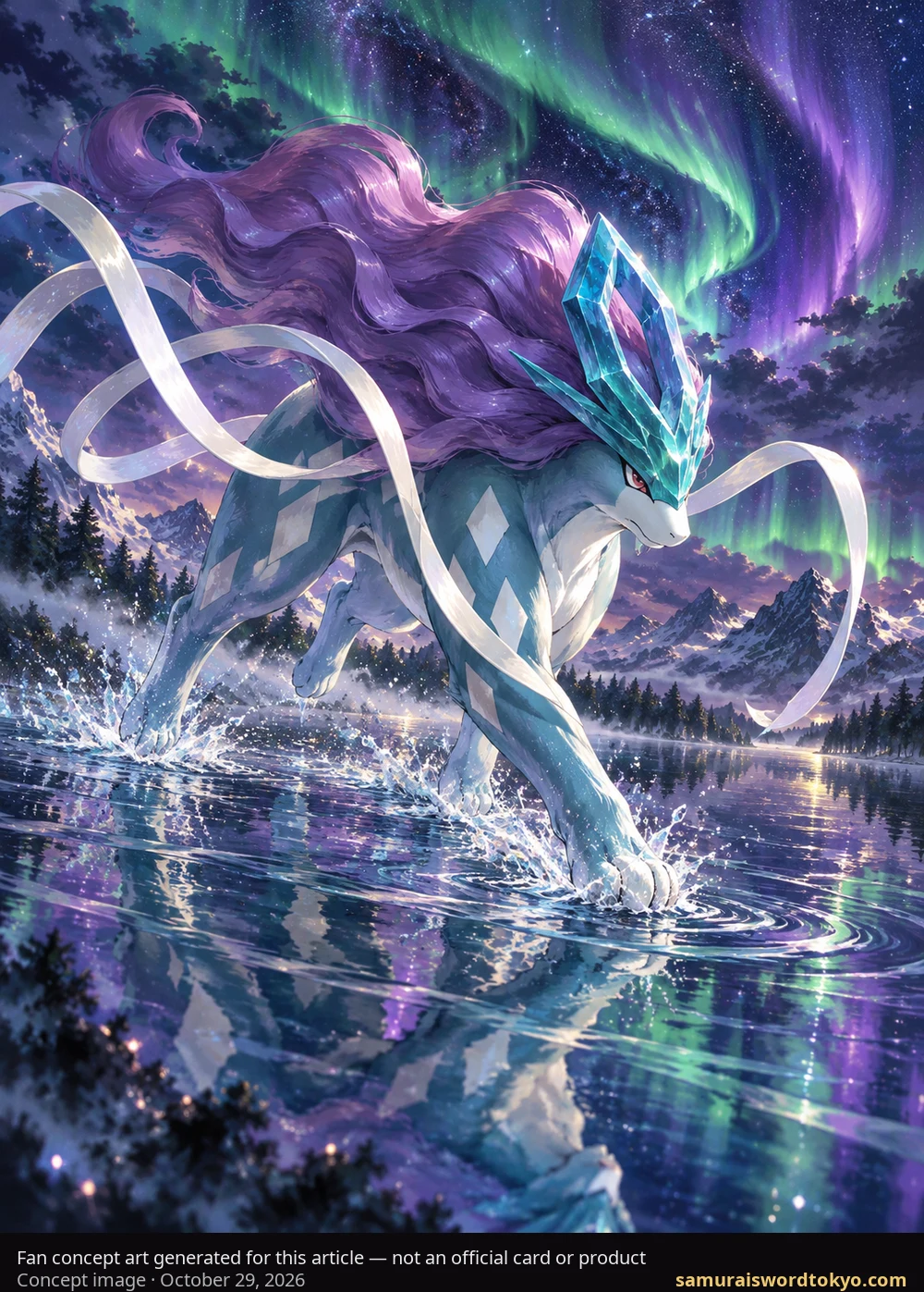 Fan concept art of Suicune generated for this article — not an official card or product