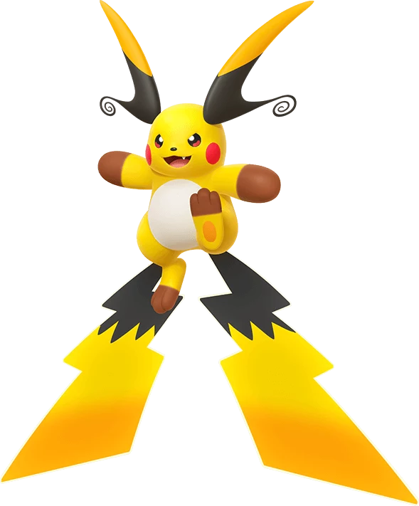 Mega Raichu X official artwork from the Pokemon LEGENDS Z-A Mega Dimension site, two lightning-bolt tails