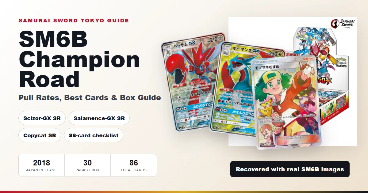 SM6B Champion Road guide thumbnail with booster box, Scizor GX SR, Salamence GX SR, and Copycat SR