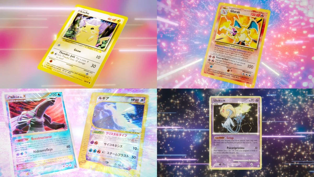 Some of the classic cards being reprinted shown in their original printings: Base Pikachu, Charizard, Palkia Lv.X, Crystal Lugia, Uxie