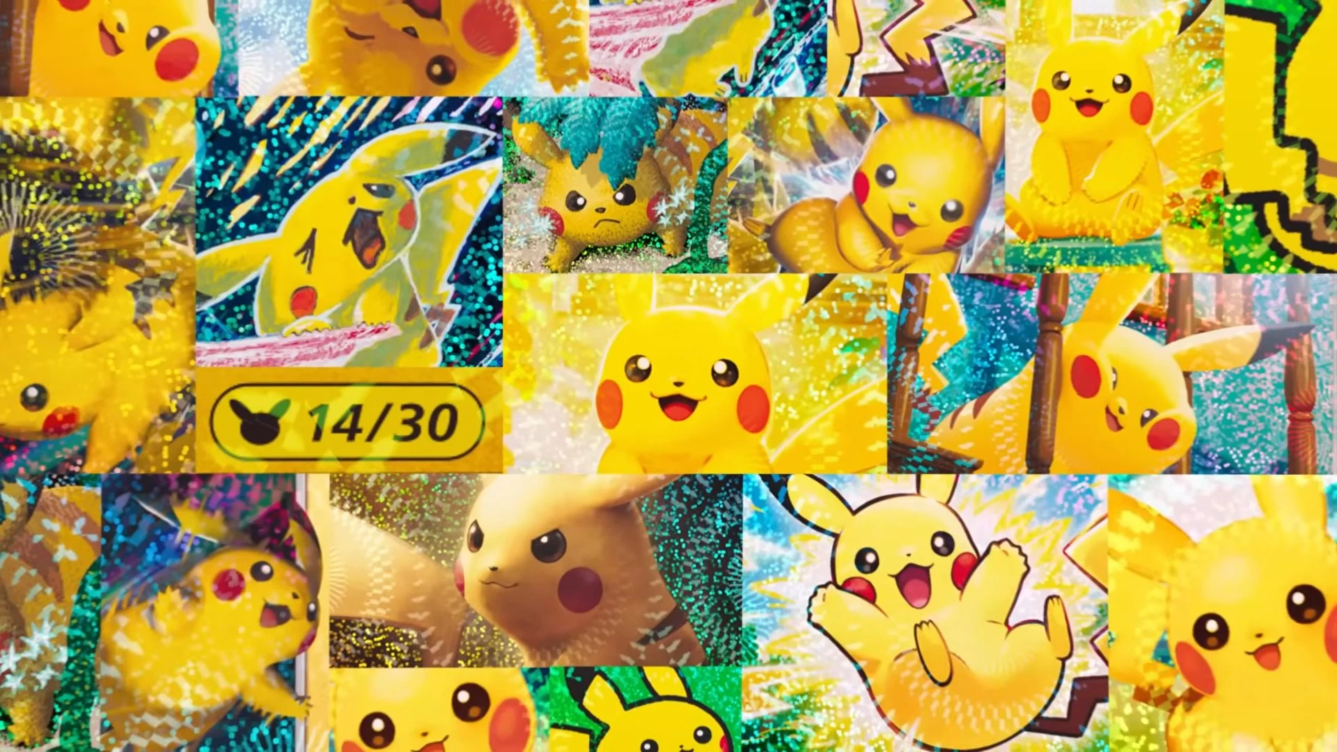 All 30 different Pikachu cards from 30th Celebration, each by a different illustrator, shown as a collage
