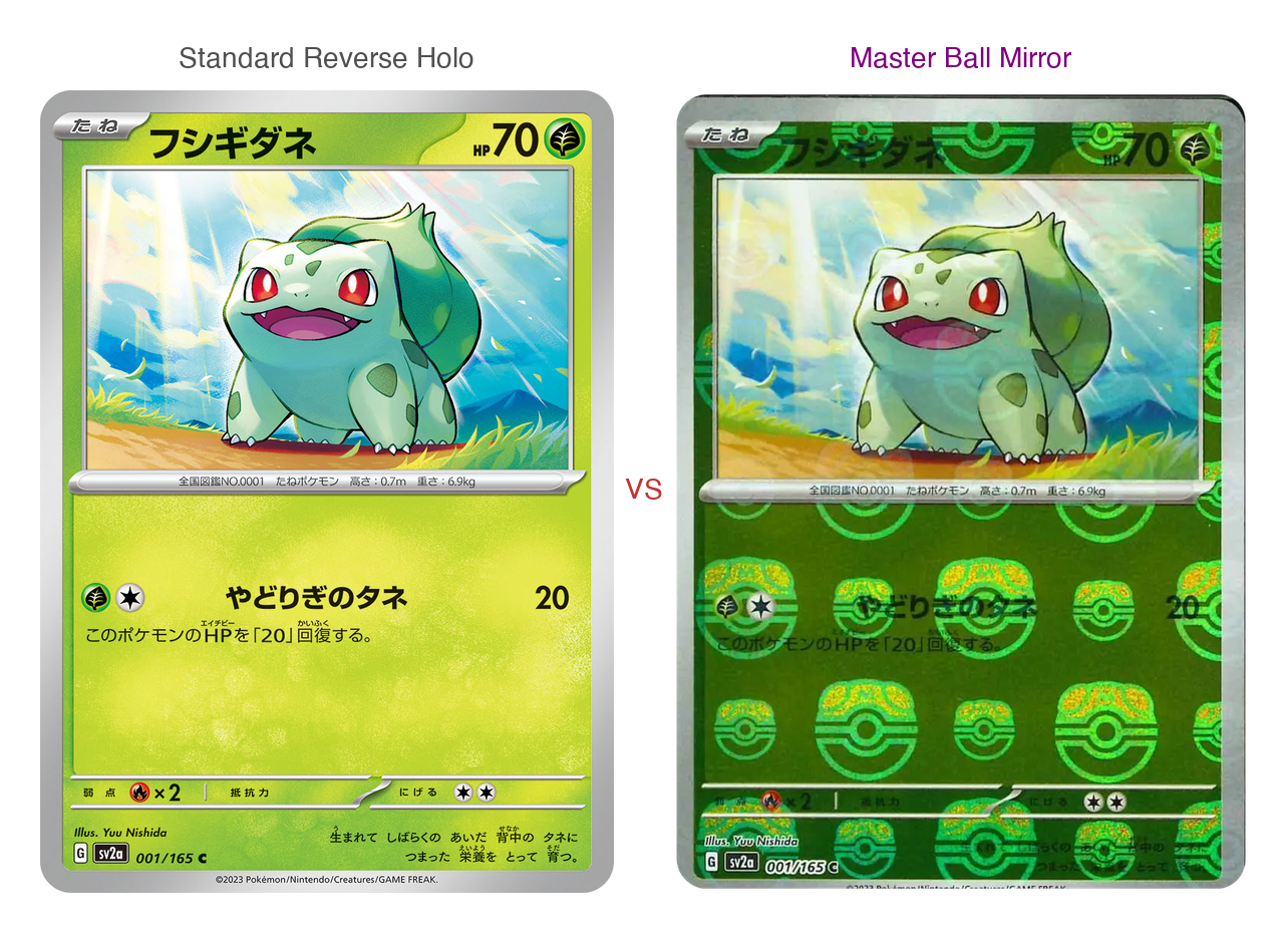 Comparison showing standard reverse holo vs Master Ball mirror holo in Pokemon Card 151