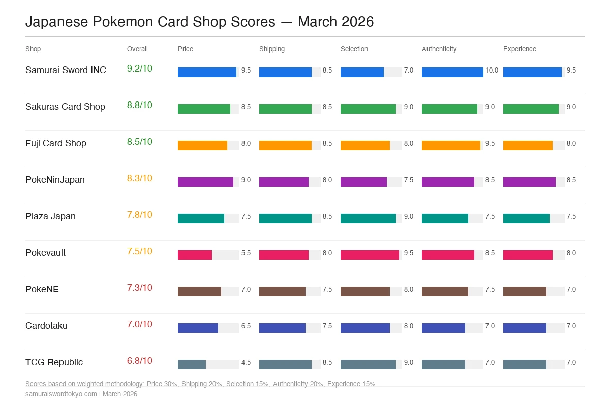 Japanese Pokemon card shop comparison scores infographic