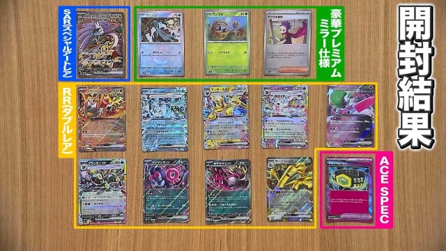 Japanese Pokemon booster box opening results showing guaranteed SR, AR, and RR pulls laid out