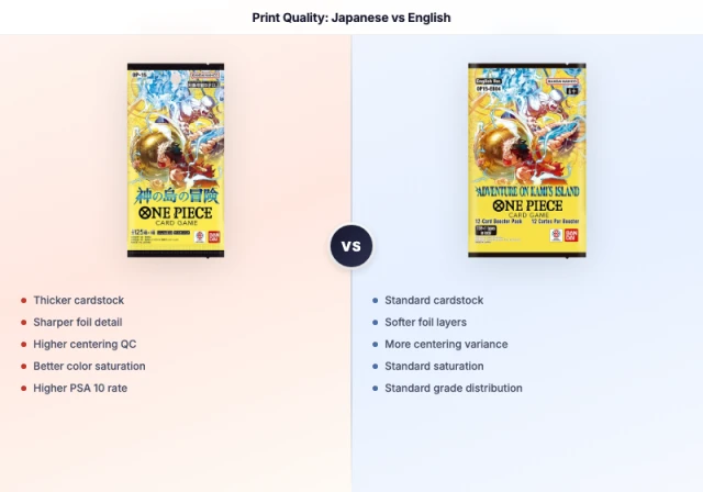 Japanese vs English One Piece card print quality comparison showing cardstock thickness and foil detail