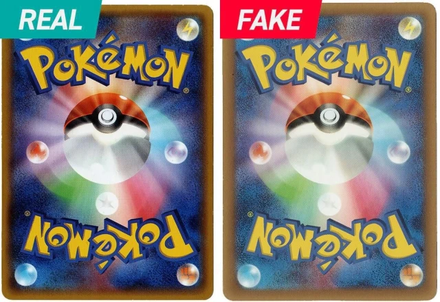 Comparison of authentic and counterfeit Japanese Pokemon card backs showing gradient differences