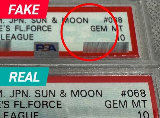 Authentic PSA graded Pokemon card slab with labels highlighting verification checkpoints