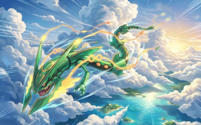 Mega Rayquaza ex artwork concept, the headliner chase card of Pokemon TCG Storm Emeralda M6 expansion