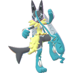 Mega Lucario Z official artwork from Pokemon Legends Z-A showing aura-cloaked Z Mega Evolution form