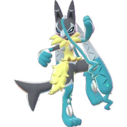 Mega Lucario Z official artwork from Pokemon Legends Z-A showing aura-cloaked Z Mega Evolution form
