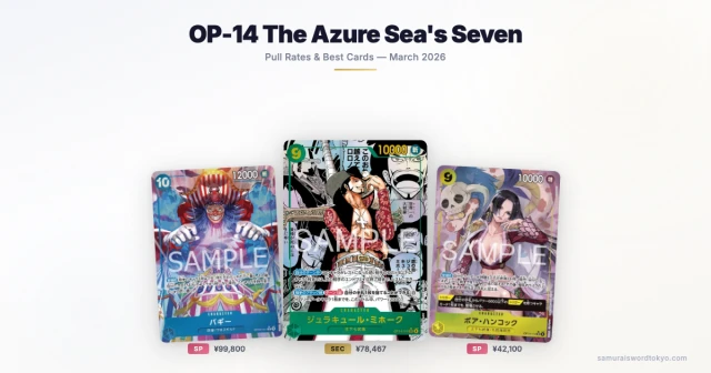 OP-14 The Azure Sea's Seven booster box with Buggy 3rd Anniversary Gold SP and Mihawk Comic Parallel cards
