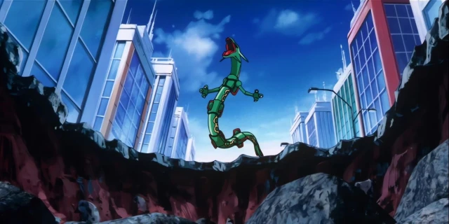 Rayquaza cinematic scene showing the legendary dragon Pokemon in its iconic sky-piercing pose
