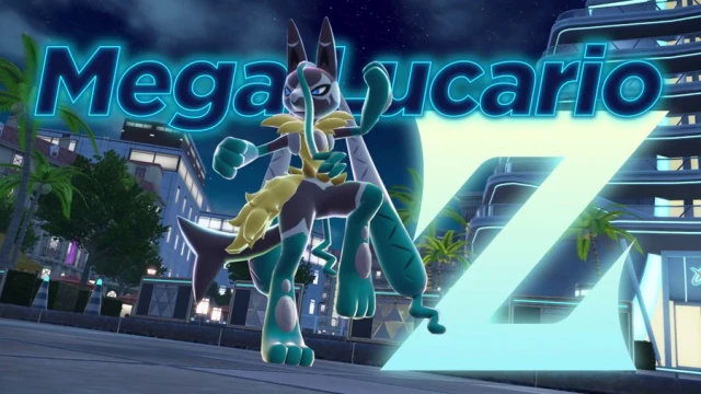 Mega Lucario Z high resolution artwork showing the first Z Mega Evolution with enhanced aura powers