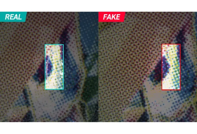 Macro photograph showing halftone dot pattern comparison between authentic and counterfeit Japanese Pokemon card