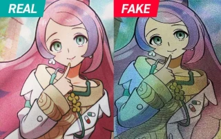 Print quality comparison of authentic versus counterfeit Japanese Pokemon SAR card showing detail differences