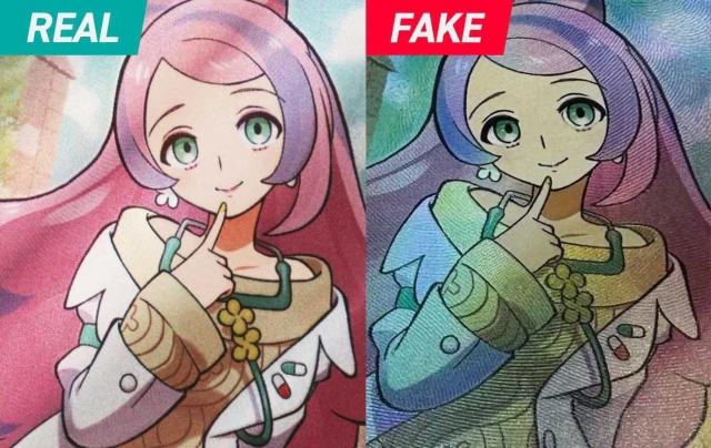 Print quality comparison of authentic versus counterfeit Japanese Pokemon SAR card showing detail differences