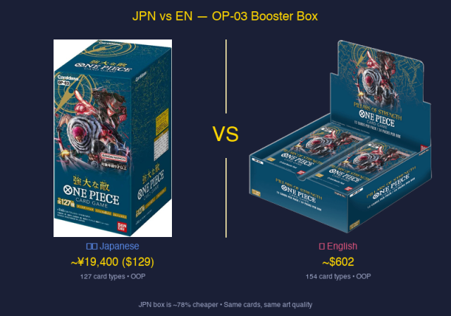 OP-03 Pillars of Strength Japanese and English booster box side by side comparison